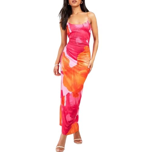 Image of Womens Summer Casual Floral Dresses Spaghetti Strap Bodycon Maxi Beach Dress Elegant Evening Party Long Dresses (US, Alpha, X-Large, Regular, Regular, B Pink)