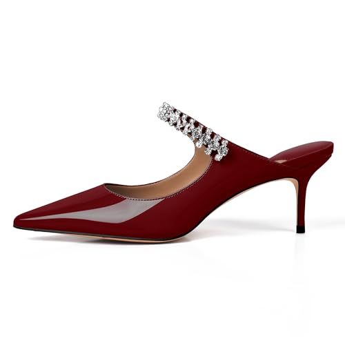 Image of XINIUNIU Heeled Mules for Women Rhinestone Heels Pointed Toe Slip On 2.5 Inch Kitten Stiletto Closed Toe Sandals Dress Wedding Pump Shoes