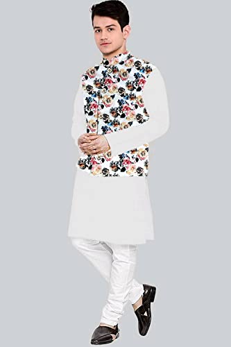 Image of Os Men's & boy kurta pyjama set with nerhu jackets (Multi printed) in cotton (baap beta|father son|)