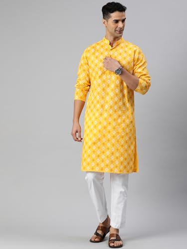 Image of Majestic Man Men's Cotton Regular Fit Casual Mandarin Collar Ethnic Motifs Printed Long Regular Kurta