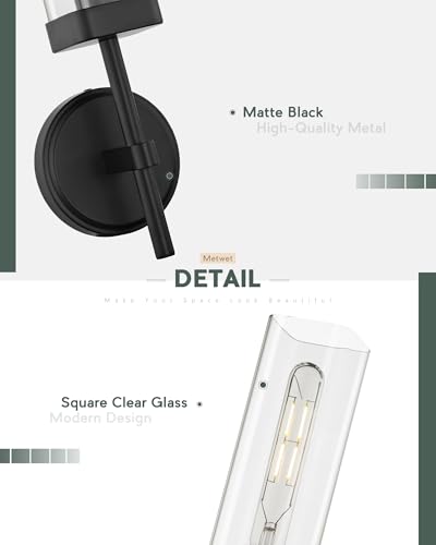 Image of Modern Wall Sconces Set of 2, Matte Black Bathroom Vanity Sconces with Square Clear Glass Shade, Wall Mount Lights for Mirror Bedroom Hallway, Upward Lighting Only, E26 Base, VL262-MB-2PK
