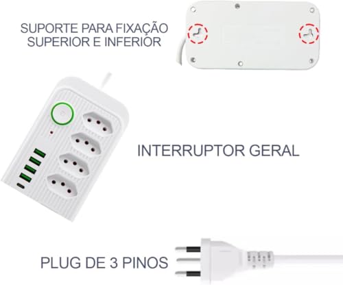 Extensão 5 Tomadas Régua de Energia Elétrica 4 Interfaces USB 1 Porta USB Tipo-C com Cabo de 2 Metro