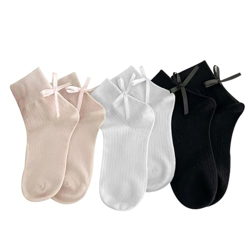 Image of Yxmeiguo Women's Bow Socks - Cotton Sweet Lolita Dress Casual Crew Breathable Soft Cute Girls Textured Ankle Socks - 3 Pairs