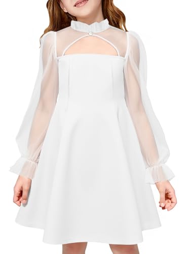 Haloumoning Girls Dresses Contrast Mesh Puff Long Sleeve Dress Kids High Waist A Line Wedding Party Dress 5-14Y