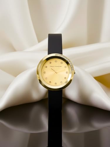 Image of French Connection Sunray Champagne Round Dial with Black Leather Strap Watch for Womens - FCO1BL