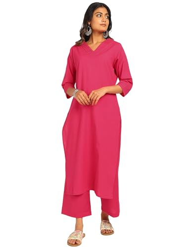 Image of BLOCKS OF INDIA Women's Solid Straight Kurta Set | Hand-Stitched Neck Details with Pintucks | Comfortable Pants with Pockets, Elastic Waist & Drawstring Fit