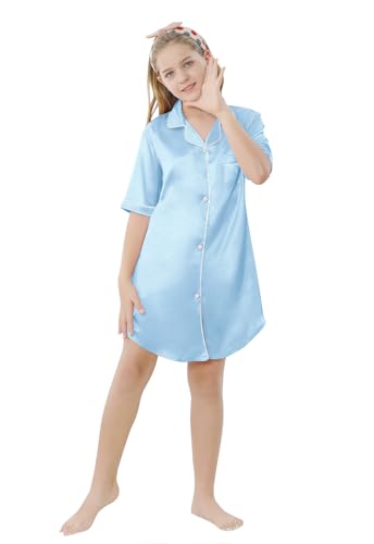 Image of Schbbbta Girls & Women Silk Nightgown, Short Sleeve Button Down Satin Nightshirt Pajama House Dress, 3 Years- Women 2XL