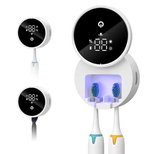 OQIMAX Zahnbürsten Sterilisator mit UV licht & 60°C Trockner – Intelligenter Sensor, Wiederaufladbare Zahnbürstenhalter, Wandmontage Ohne Bohren, 2 Zahnbürstenschlitzen