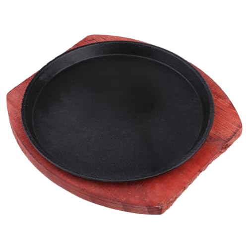 iplusmile Sartén de Hierro para Asar con Base de Madera Sartén Redonda Antiadherente para Fajitas y Bistec Compatible con Cocinas de Inducción y Gas para Parrilla Casa
