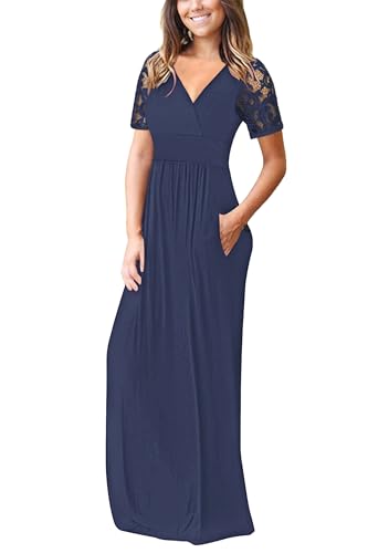 Image of AUSELILY Maxi Dresses for Women Summer Lace Short Sleeve V Neck Wrap Dress | Lace Short Sleeve, Two Pockets, V-Neck Wrap Waist Long Dress