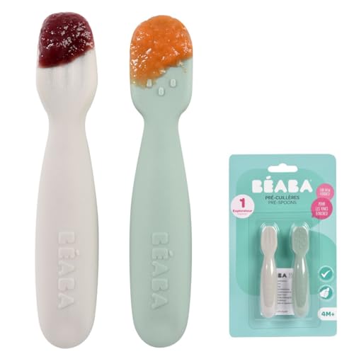 BEABA, Lot de 2 cuilleres bebe 1er age, Pré-cuillères en Silicone, Couverts Bébé, Dès 4 Mois, Forme Ergonomique, Textures Différentes, Manche...