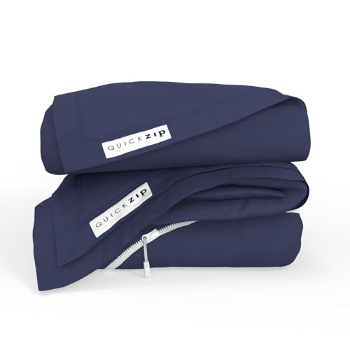 Image of QuickZip Fitted Plus Spare Bundle: 1 Fitted Sheet (Base + Zip Sheet) & 1 Zip Sheet - Easy to Change, Won't Pop Off - Soft Percale 400 TC 100% Cotton - 13.5 inch Deep Pockets RV Queen Size - Deep Navy