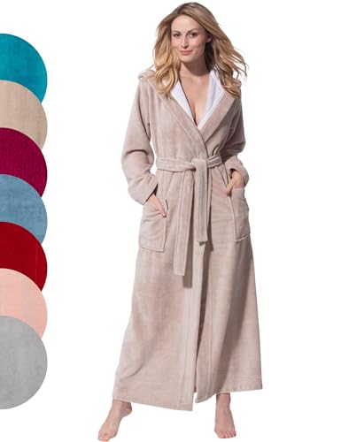 Morgenstern Bademantel Damen mit Kapuze in Beige lang leicht Frauen...