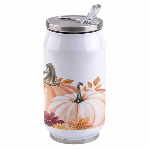 コーラカップ 秋 ボチャ 葉っぱ 田園 ホワイトバック タンブラー ストローカップ 蓋付き ステンレス 魔法瓶 水筒 ボトル 車用 自宅用 携帯便利 直飲み 真空 保冷 保温 漏れ防止 通勤 贈り物 300ml