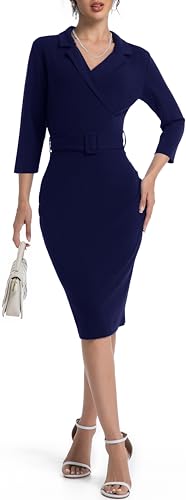 Image of SxClub Business Dresses for Women Elegant Long Sleeve Bodycon Pencil Knee Length Formal Dress for Evening Cocktail