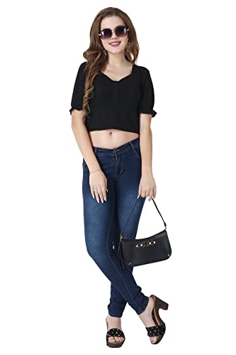 Image of POPWINGS Casual Black Solid Self Design Half-Sleeves Crop Top for Women || Sweet Heart Neck Summer Crop Top for Women || Crop Tops for Women Fancy Crop Top for Women