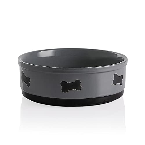 SWEEJAR Gamelle pour chien avec motif os - Gamelle en céramique pour chiens de grande taille - Gamelle en porcelaine pour nourriture et eau - 2070 ml (gris) Cover