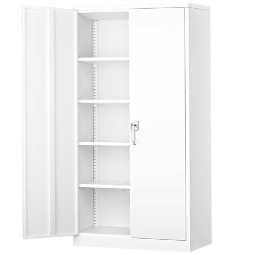Image of Greenvelly White Metal Cabinet, 72 inch H Steel Lockable Metal Storage Cabinet with 2 Doors and Adjustable Shelves,Tall Tool Organizer for Office,Home, Garage, Gym, School