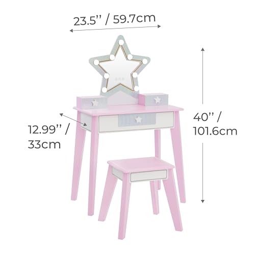 Image of Teamson Kids Star Vanity Set with LED Lights for Girls, Pink 2-Piece Kids Makeup Table with Mirror, 3 Storage Drawers & Matching Stool for Bedroom or Playroom, Ages 3+ Safe | LED Lights, Makeup Table with Mirror, 3 Storage Drawers, Matching Stool, Bedroom or Playroom