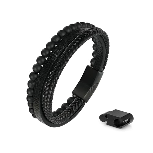 Leather Bead Bracelets for Men, Natural Tiger Eye Lava Rock Stone Bead Magnetic Clasp Adjustable Leather Bracelets Stress Relief Mens Anxiety Bracelet Mens Jewelry Gifts