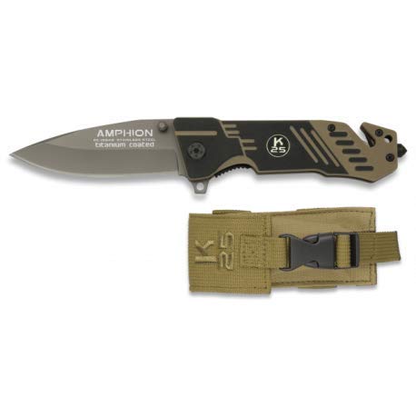 K25- 19548. Navaja K25 modelo AMPHION. Mango de G10 bicolor. Hoja: 8,7 cm. Corta cinturon. Rompevidrio. Funda de nylon. Herramienta para Caza, Pesca, Camping, Outdoor, Supervivencia y Bushcraft Cover