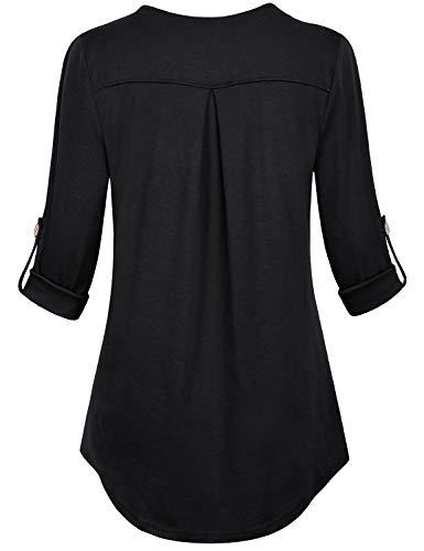 JOYMOM Latched Mama,Nursing Tops Maternity Henley V Neck Roll Tab Sleeve Breastfeeding Blouses Pregnant Trapeze Flowy Curved Hem Feeding T-Shirt Womens Casual Wear Black Large