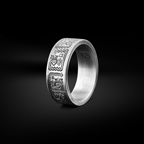 BySilverStone - Aztec and Mayan Hieroglyphics Silver Band Ring, Ancient Unique Mens Ring in Sterling Silver, Aztec and Mayan Jewelry, Mythology Rings For Best Friend3