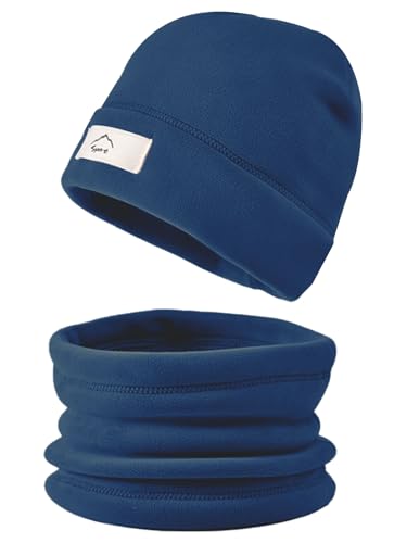 crazy bean Conjunto Gorro y Bufanda Niño Niña Forro Polar Cálido Sombrero y Braga Cuello Set Termico Invierno Beanie 2 en 1 Azul marino