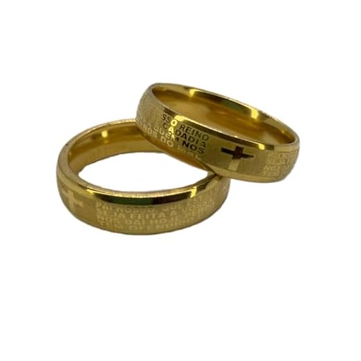 Alianças Par 6mm com Oração do Pai Nosso Banhadas a Ouro 24k com Anel Solitario e Caixa de Veludo Premium Casamento Noivado Namoro Gospel Cristã