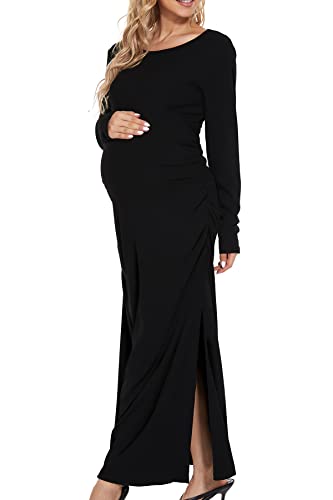 Smallshow Women'S Split Maternity Dress Long Sleeve Ruched Pregnancy Clothes Medium Black thumb #2