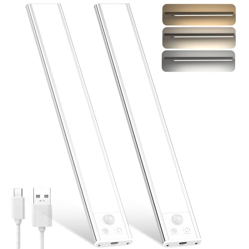 OUILA Under Cabinet Kitchen Lights, 108 LED (2 Pack) 3 Color Stepless Dimming Motion Sensor Lights Indoor, 1800mAh USB-C Rechargeable LED Lights for Cupboard, Kitchen