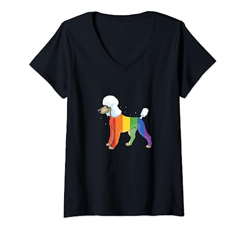 Womens Cute Poodle Dog Rainbow Gay Pride Homo Gift V-Neck T-Shirt