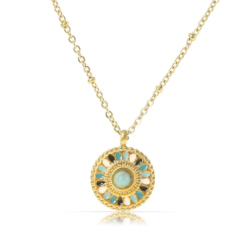 Made by Nami Collier pour femme en or avec pendentif mandala et pierres précieuses en multicolore ou vert en acier chirurgical 40 + 5 cm - Bijoux Boho pour femme - Résistant à l'eau et