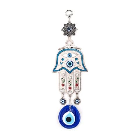 Erbulus Turkish Blue Hamsa Hand of Mother Fatima Evil Eye Wall Hanging Ornament - Turkish Nazar Bead Amulet – Good Luck Charm Gift -Metal Home Protection Decor in a Box (Blue) Cover