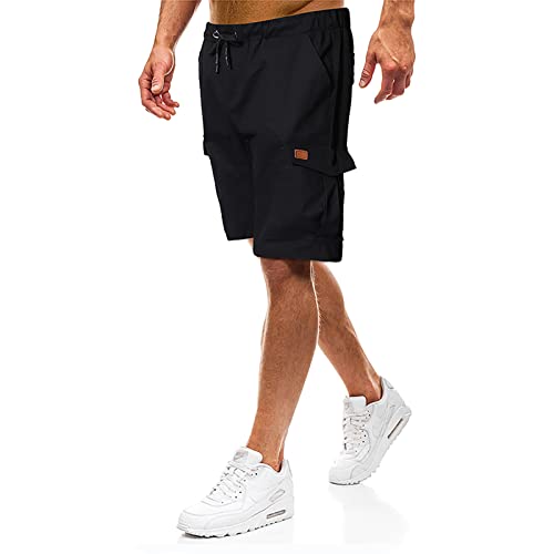 Cotton Cargo Shorts For Men,Pure Color Elastic Waist Knee Length Drawstring Low Rise Quick Dry Tactical Short For Men,Muti-Pockets Hiking Fishing Classic 2022 Outdoor Wear(A-Black,Xl) #TOP4