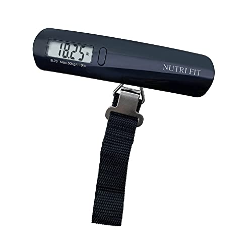 NUTRI FIT Báscula digital de equipaje de 50 kg/110 libras, báscula de viaje portátil de mano con gancho para maletas de equipaje en aeropuerto, ajuste de objetivos y alerta de sobrepeso