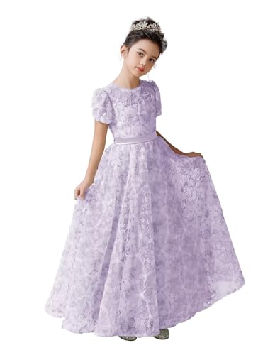 dideyttawl Girls Dress A-Line 3D Embroidery Tulle Flower Appliqued Satin Bow Tie Belt High-Waisted Elegant Full Length Dress