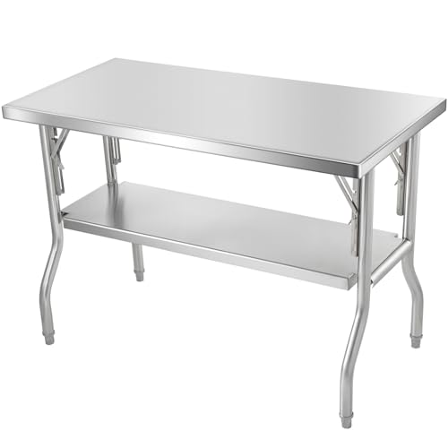 Happybuy Folding Commercial Prep Table, 48 x 24 Inch Heavy-Duty Stainless Steel Workstation with Undershelf, 300 lbs Capacity for Kitchen, Restaurant, and Garage
