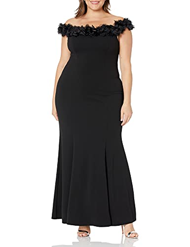 Image of Alex Evenings Women's Long Off The Shoulder Gown with Front Slit and Maribou Detail, Formal Party Dress