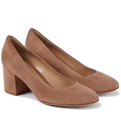 MOOMMO Women Classic Chunky Block Heel Suede Pumps Round Closed Toe Slip On 2