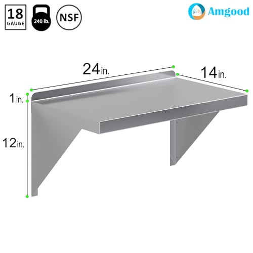 Image of AmGood 14 inch x 24 inch Stainless Steel Wall Shelf | Appliance & Equipment Metal Shelving | Kitchen, Restaurant, Garage, Laundry, Utility Room | Heavy Duty | Squared Edge | NSF Certified
