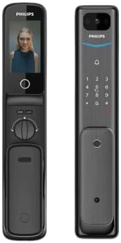 Image of the Philips Alpha Easy Key 5HB Digital Lock with a live video feed of a person on its screen, demonstrating the video intercom feature.