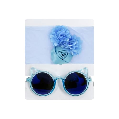 Image of SYGA Baby Rose Flower Stretchable Headband With Uv Protection Cat Type Sunglasses Stylish Combo For Toddlers And Kids (Blue)