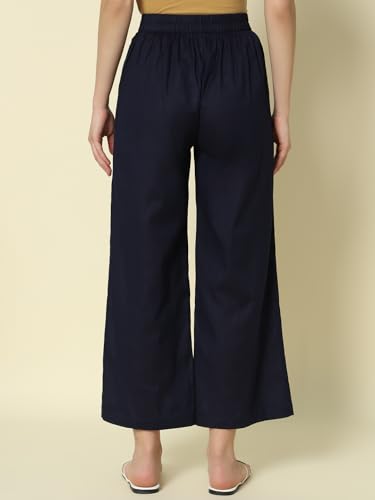 Image of FIORRA Womens Loose Mid Rise Cotton Solid Palazzo