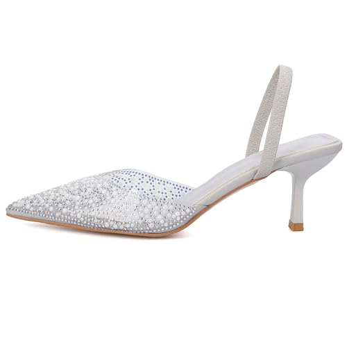 Image of YIYA Women's Clear Slingback Heels with Pearl Studded Pointed Toe Kitten Mid Heels Sparkly Rhinestone Slip On Wedding Party Shoes