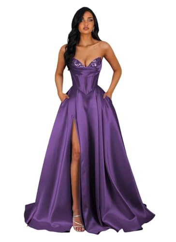 AKMESXAY Womens Sparkly Sequin Satin Prom Dresses for Teens with Slit A Line Sequin Sweetheart...