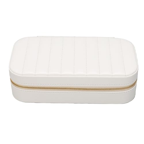 Sxhlseller Joyero de Cuero PU con Espejo, Estuche Organizador de Viaje Rectangular con Ganchos para Collares y Soporte para Anillos para Aretes, Contenedor Multifuncional Blanco