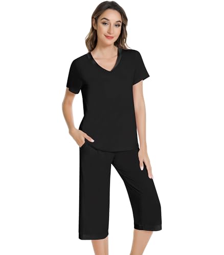 Image of NACHILA Pajamas Set for Women-Viscose Made from Bamboo, Short Sleeve Sleepwear Soft Capri Pants Pajamas with Pocket Cool Pjs