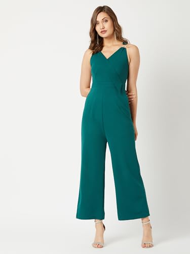 Image of Miss Chase Women's Halter Neck Sleeveless Solid Wide Leg Sequin Paneled Regular Length Jumpsuit