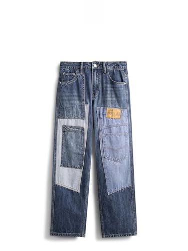 Men’S Retro High Street Patchwork Loose Fit Wide Leg Denim Jeans Zipper Fly Midweight Embroidery Full Length Trendy Jeans2